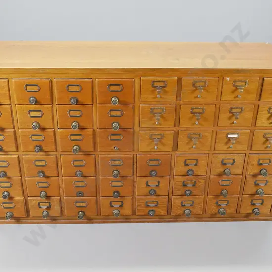 vintage oak set of 48 office drawers with mismatched brass knobs and nameplates