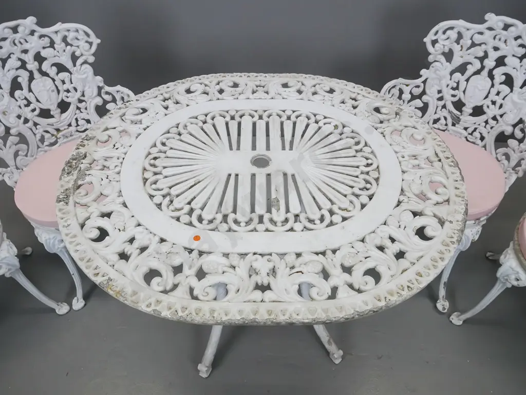 heavy cast alloy white painted outdoor table and 4 chairs w/cushions. Table H690 W520 L780 Image 1++