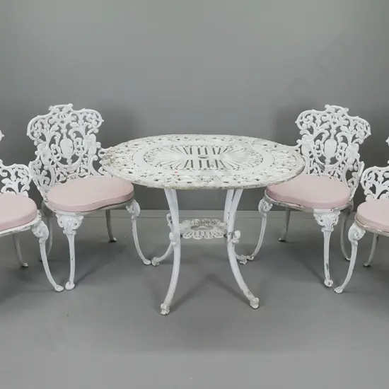 heavy cast alloy white painted outdoor table and 4 chairs w/cushions. Table H690 W520 L780