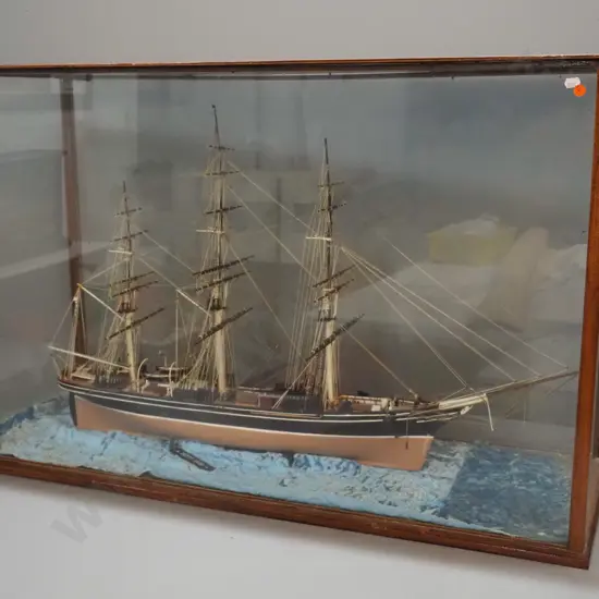 vintage rigged timber model sailing ship in glazed display case - The Cutty Sark. Case H-640 L-1020 D-380