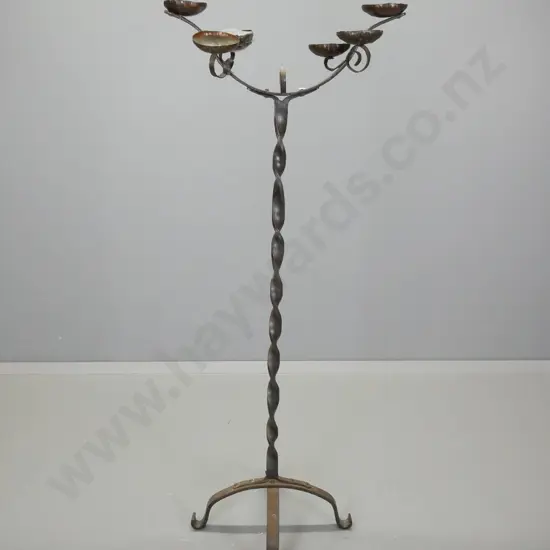 floor-standing wrought iron candle holder - 7 sconces, one has broken off, one pair loose. H-1400