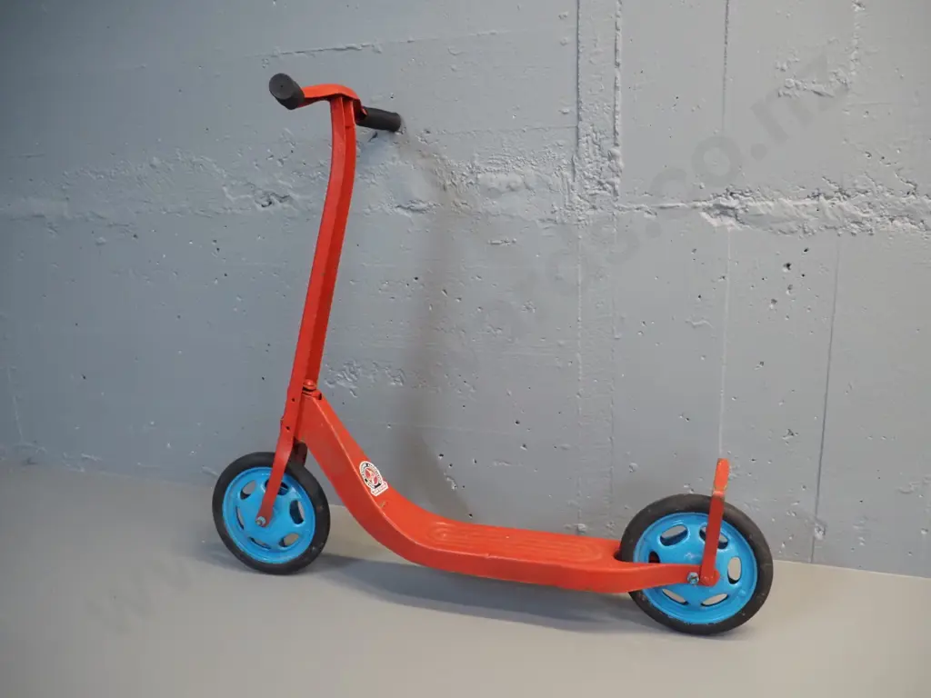 vintage scooter - red and blue, no maker's marks, with New Zealand Road Transport Association sticker H-330 L-750 Image 1++