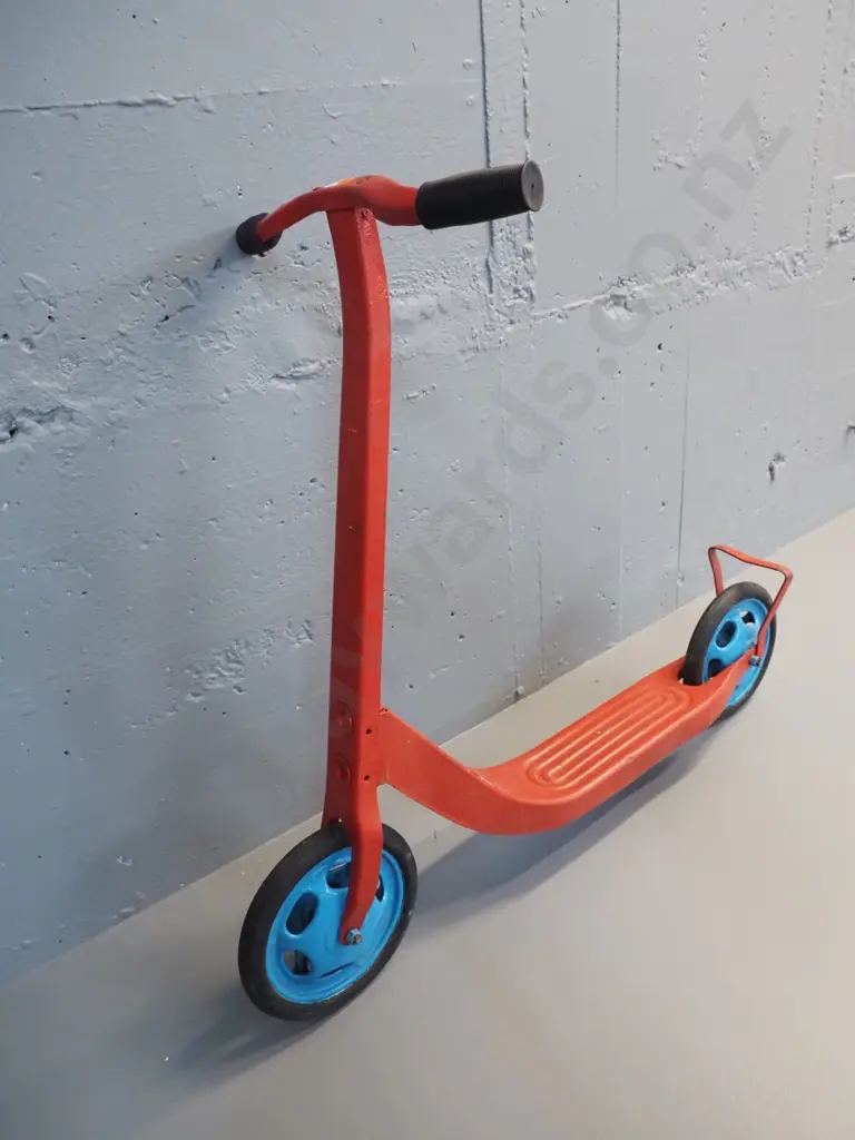vintage scooter - red and blue, no maker's marks, with New Zealand Road Transport Association sticker H-330 L-750 Image 1++