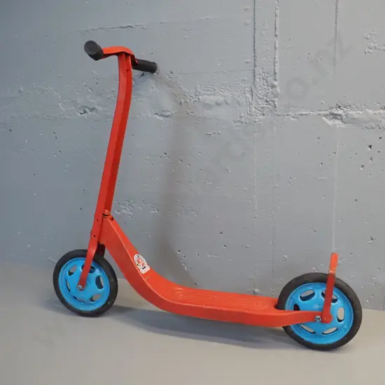 vintage scooter - red and blue, no maker's marks, with New Zealand Road Transport Association sticker H-330 L-750