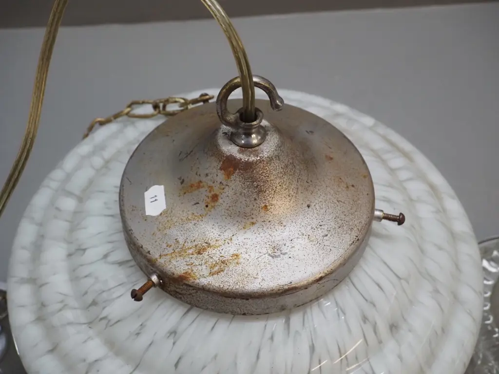 vintage deco style hand painted milk glass ceiling light fitting with chrome rose, metal journal has corrosion, glass Image 1++