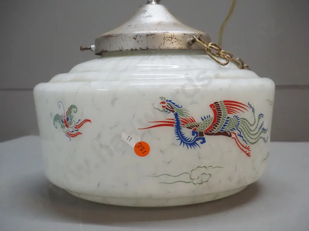 vintage deco style hand painted milk glass ceiling light fitting with chrome rose, metal journal has corrosion, glass Image 1++