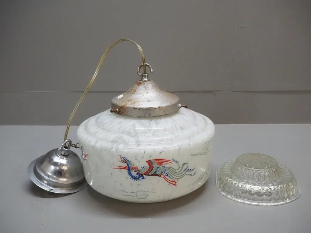 vintage deco style hand painted milk glass ceiling light fitting with chrome rose, metal journal has corrosion, glass Image 1++