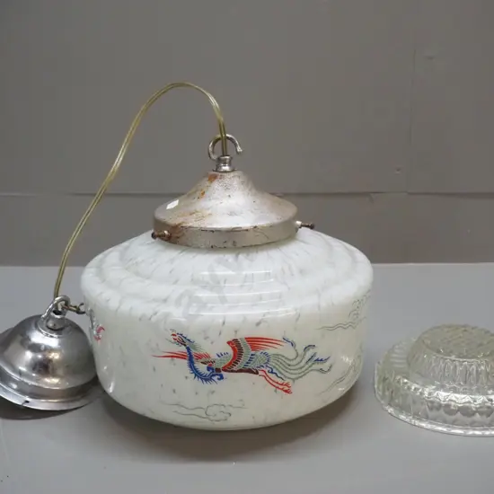 vintage deco style hand painted milk glass ceiling light fitting with chrome rose, metal journal has corrosion, glass