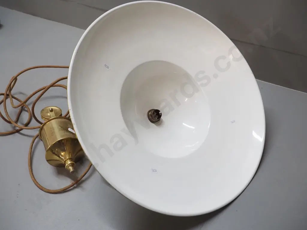 brass rise & fall ceiling light fitting - marked Chandell Lighting Waihi Ltd - shade diameter 430 Image 1++