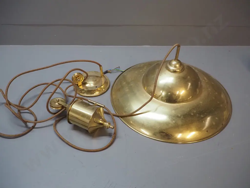 brass rise & fall ceiling light fitting - marked Chandell Lighting Waihi Ltd - shade diameter 430 Image 1++