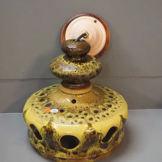 retro 2-piece pierced studio hanging ceiling light fitting with timber and metal ceiling rose H-250 D-240