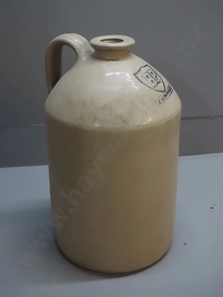 narrow-necked handled stoneware crock - screw fitting but no stopper - unclear mark after "BP" H-380 Image 1++