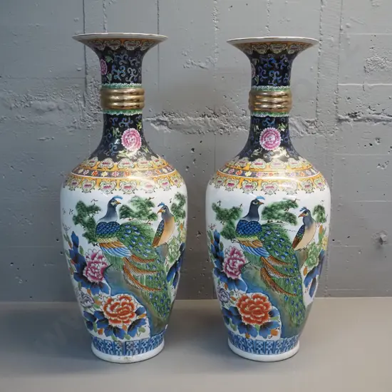 pair of large Chinese flared rim vases - peacock and floral decoration, gold trim H-720 D-300
