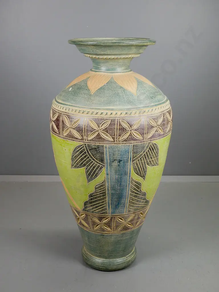 very large pottery urn with incised decoration H-1100 D-580 at widest Image 1++