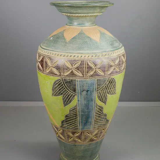 very large pottery urn with incised decoration H-1100 D-580 at widest