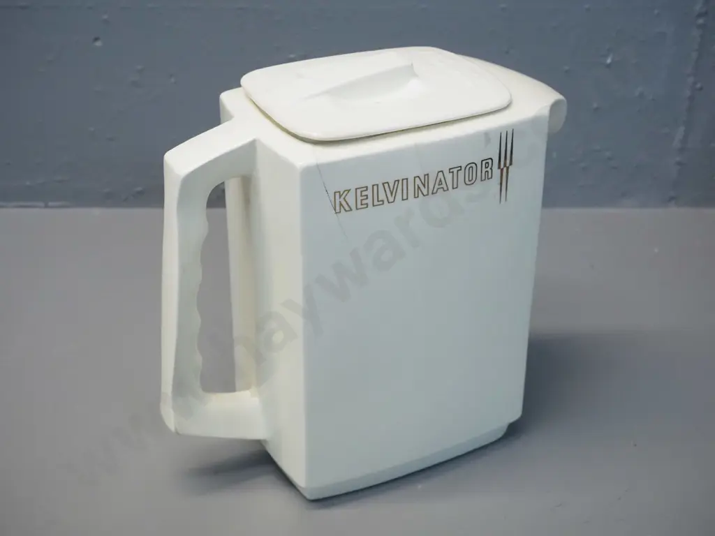 Crown Lynn Kelvinator fridge jug with hairline cracks around rim, crazing overall, lid not a perfect fit. H-210 Image 1++