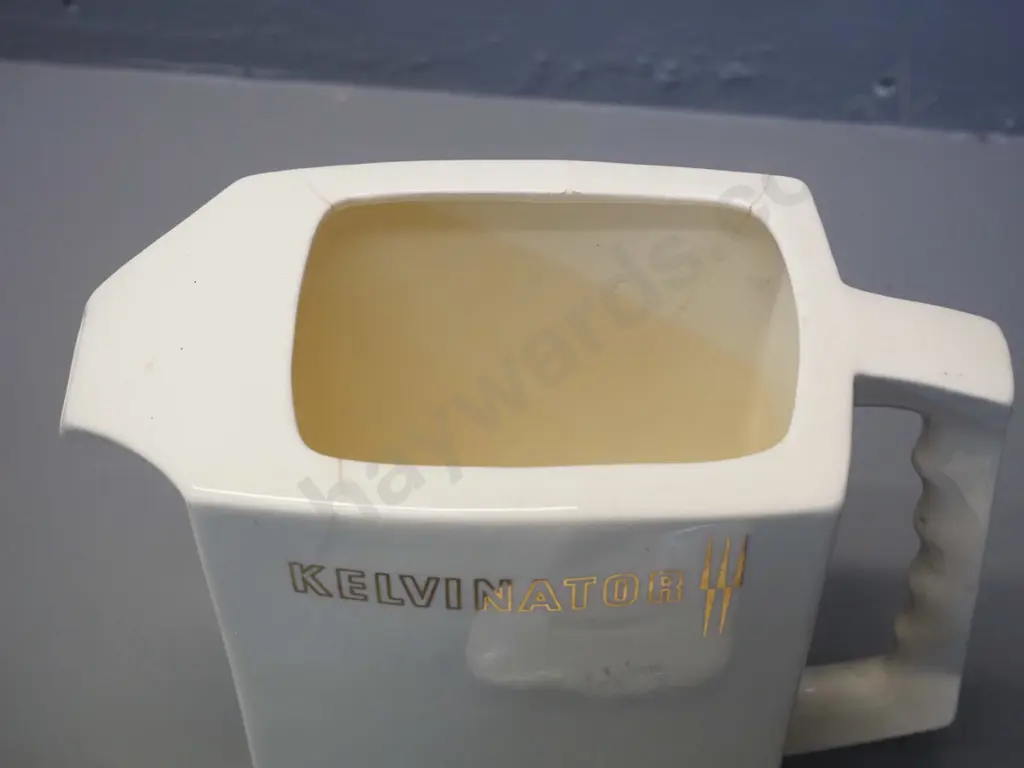 Crown Lynn Kelvinator fridge jug with hairline cracks around rim, crazing overall, lid not a perfect fit. H-210 Image 1++