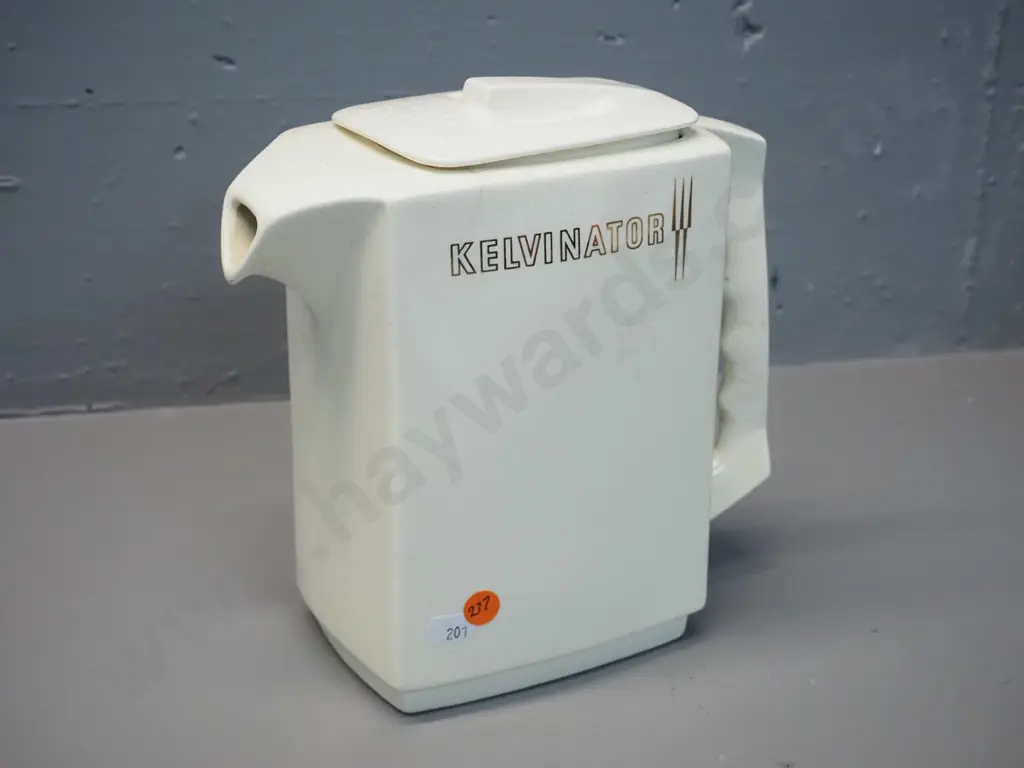 Crown Lynn Kelvinator fridge jug with hairline cracks around rim, crazing overall, lid not a perfect fit. H-210 Image 1++
