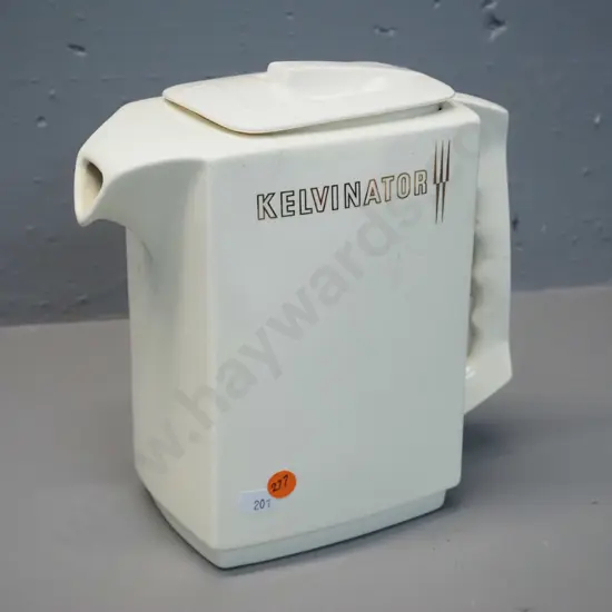 Crown Lynn Kelvinator fridge jug with hairline cracks around rim, crazing overall, lid not a perfect fit. H-210