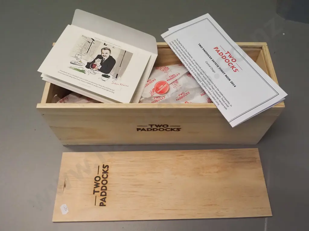 1.5l bottle of Two Paddocks 2014 Pinot Noir in wooden crate with card signed by Sam Neill and sheet of tasting notes Image 1++