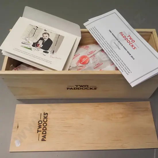 1.5l bottle of Two Paddocks 2014 Pinot Noir in wooden crate with card signed by Sam Neill and sheet of tasting notes