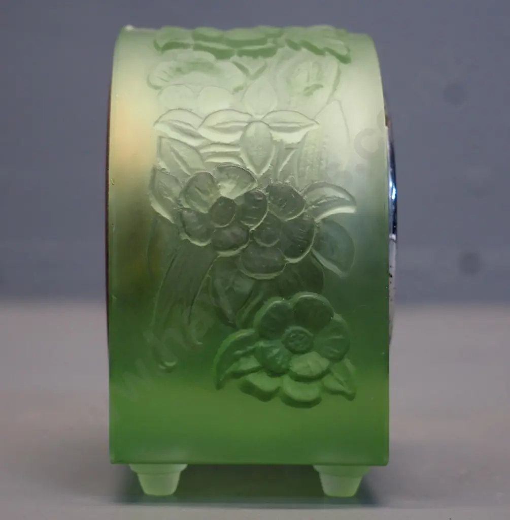 vintage green uranium glass clock with moulded flower pattern - some corrosion to chrome clock front H85 W75 Image 1++