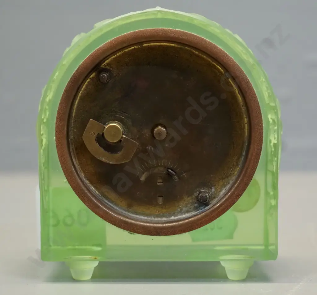 vintage green uranium glass clock with moulded flower pattern - some corrosion to chrome clock front H85 W75 Image 1++