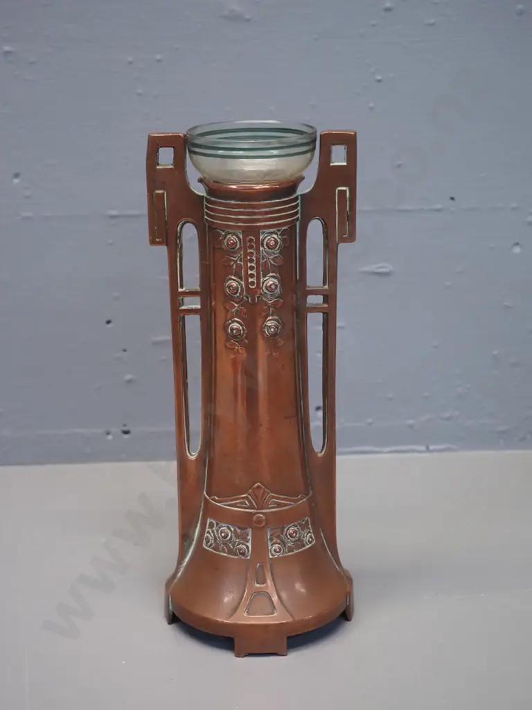 nouveau style heavy copper handled vase with glass liner H-240 Image 1++