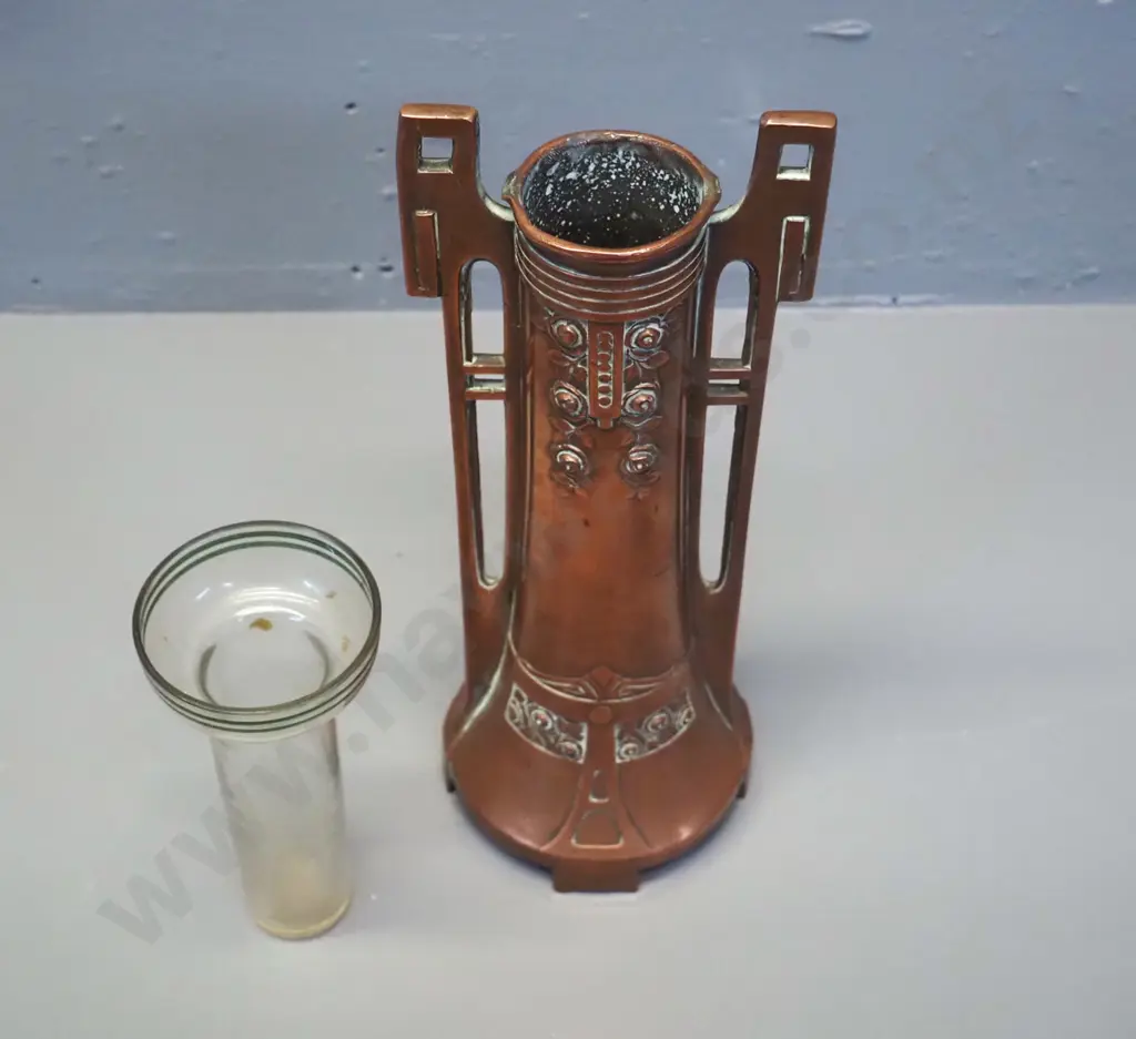 nouveau style heavy copper handled vase with glass liner H-240 Image 1++