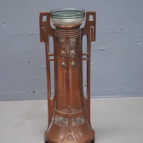 nouveau style heavy copper handled vase with glass liner H-240