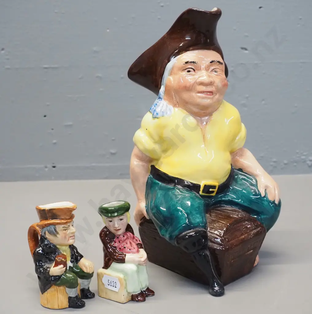 3 character jugs - large Ridgway Davie Jones H-240 and 2 small Artone jugs Oliver Twist and one other Image 1++