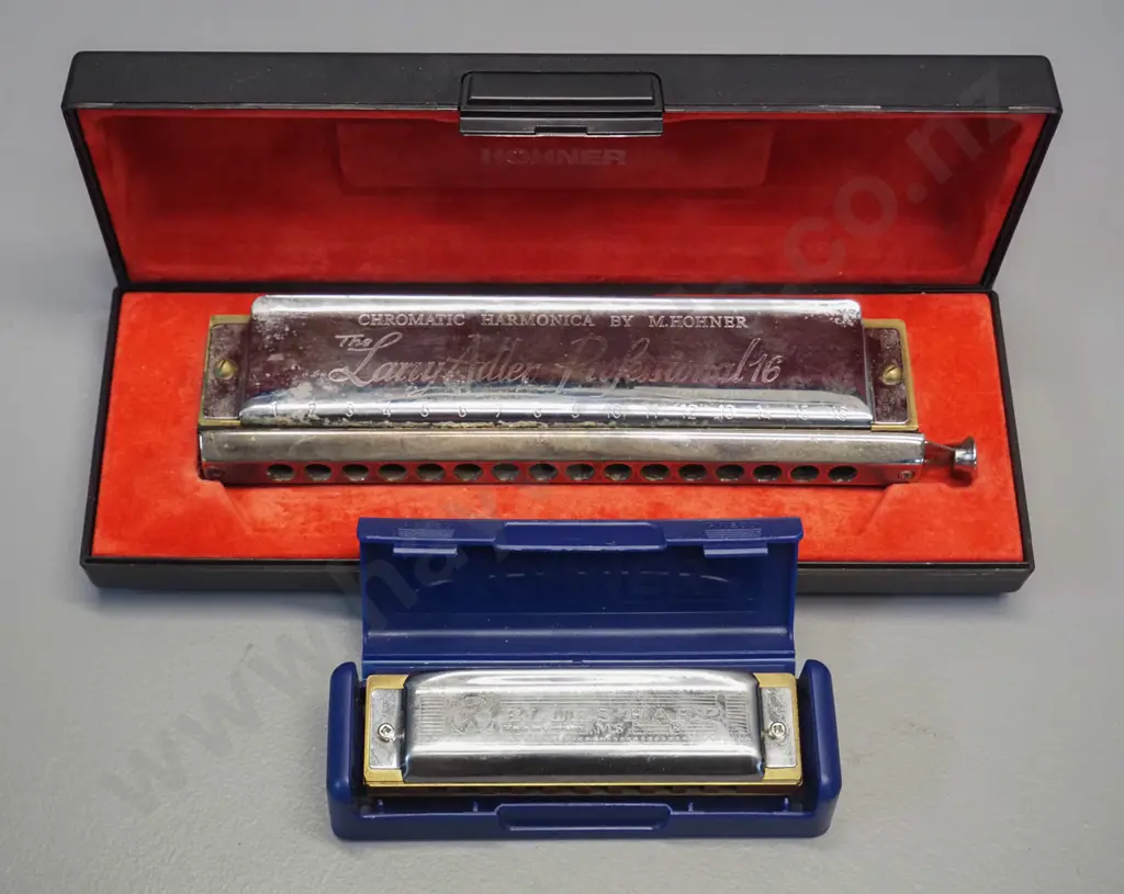 2 Hohner harmonicas in plastic cases - larger Larry Adler Professional 16 in C and a smaller Blues Harp MS in C Image 1++