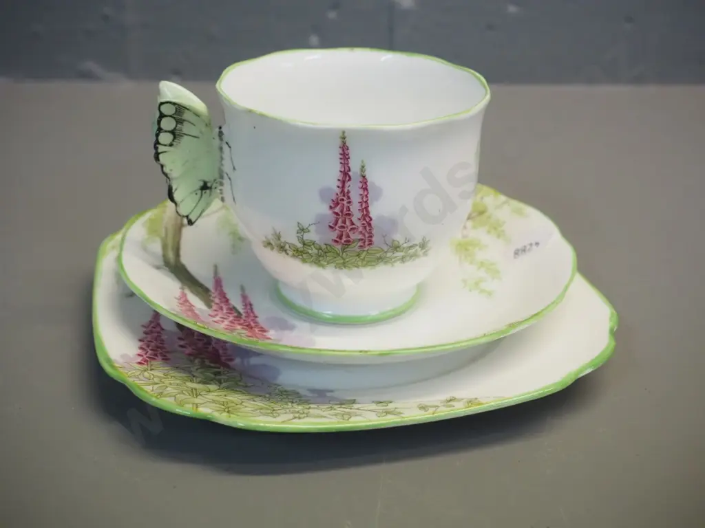 Royal Albert "Foxglove" pattern butterfly handled trio Image 1++
