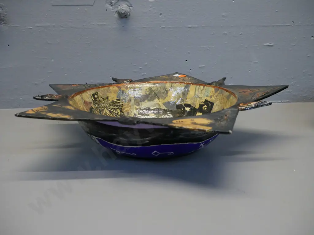papier mache decorative bowl with various decoupage motifs H-90 W-370 Image 1++