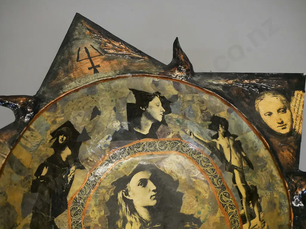 papier mache decorative bowl with various decoupage motifs H-90 W-370 Image 1++