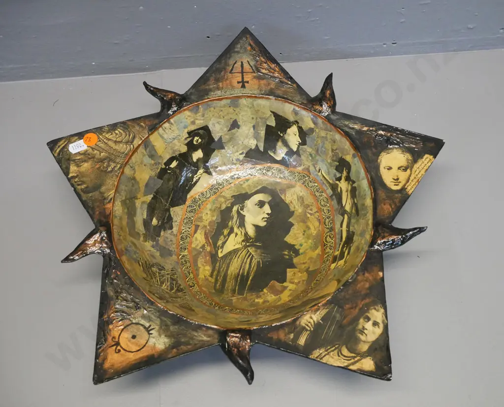 papier mache decorative bowl with various decoupage motifs H-90 W-370 Image 1++