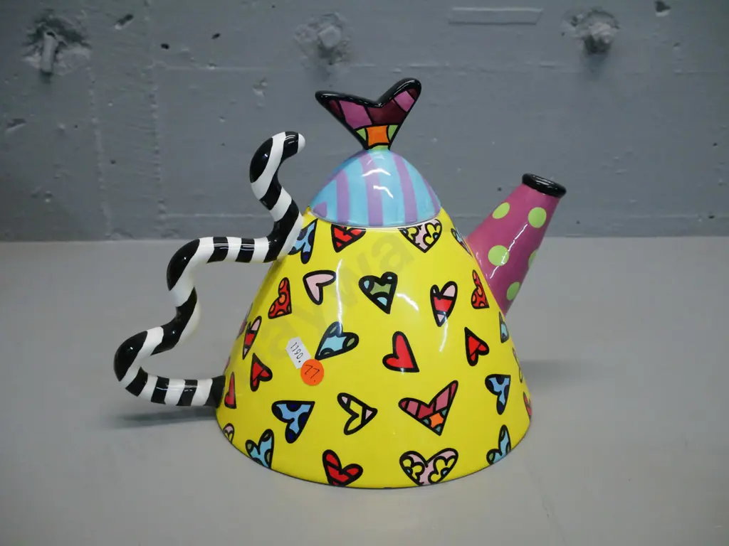 Romero Britto ceramic teapot - triangular abstract geometric butterfly design H-200 W-280 Image 1++