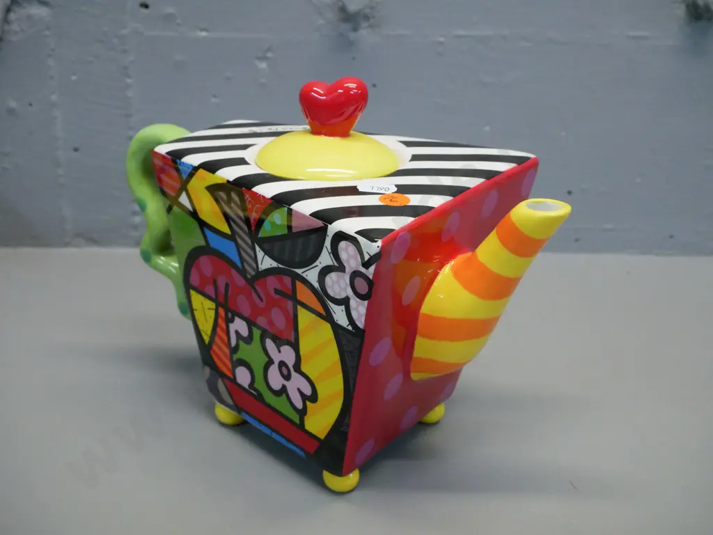 Romero Britto ceramic teapot - triangular abstract fruit and floral design H-200 W-270 Image 1++