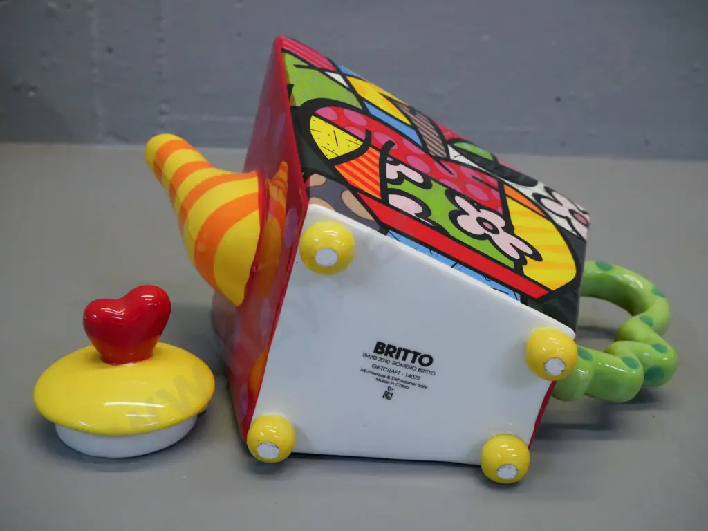Romero Britto ceramic teapot - triangular abstract fruit and floral design H-200 W-270 Image 1++