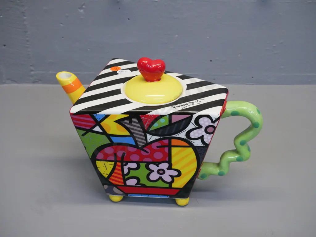 Romero Britto ceramic teapot - triangular abstract fruit and floral design H-200 W-270 Image 1++