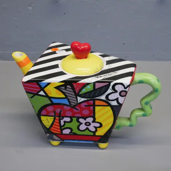 Romero Britto ceramic teapot - triangular abstract fruit and floral design H-200 W-270