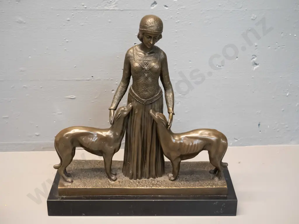 vintage deco style cast bronze figure of a woman with 2 dogs on marble or stone base H-350 W-330 Image 1++