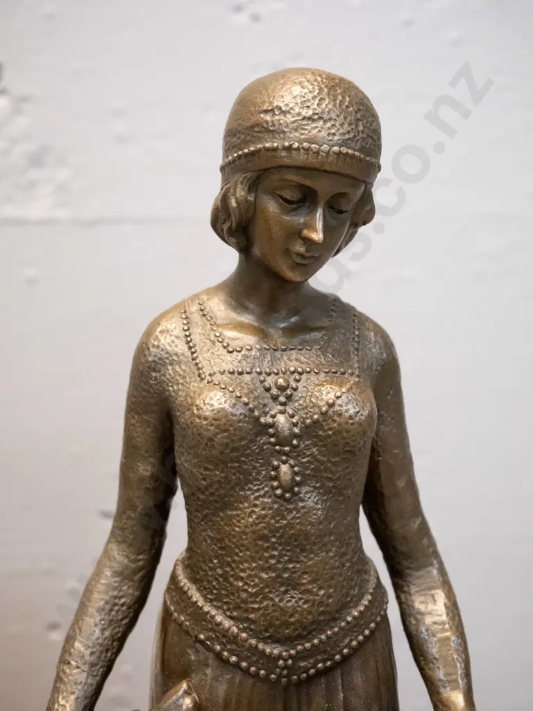vintage deco style cast bronze figure of a woman with 2 dogs on marble or stone base H-350 W-330 Image 1++