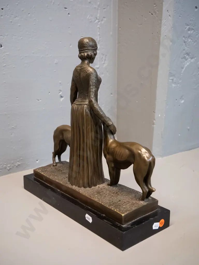 vintage deco style cast bronze figure of a woman with 2 dogs on marble or stone base H-350 W-330 Image 1++