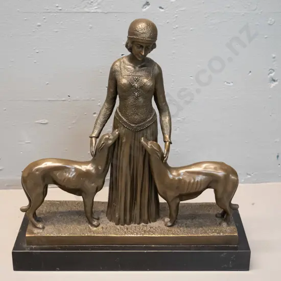 vintage deco style cast bronze figure of a woman with 2 dogs on marble or stone base H-350 W-330