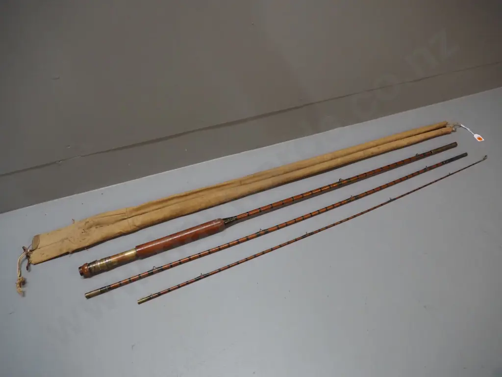 vintage 3-piece timber fly fishing rod with canvas sleeve - brass collar marked made in England Image 1++