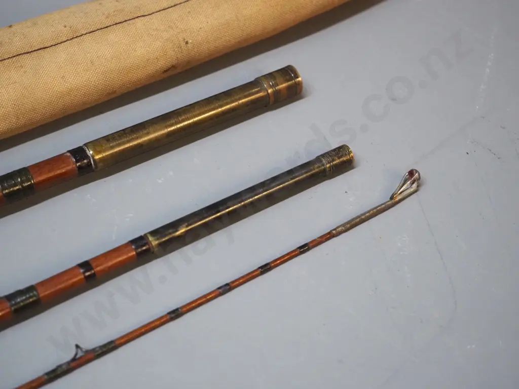 vintage 3-piece timber fly fishing rod with canvas sleeve - brass collar marked made in England Image 1++