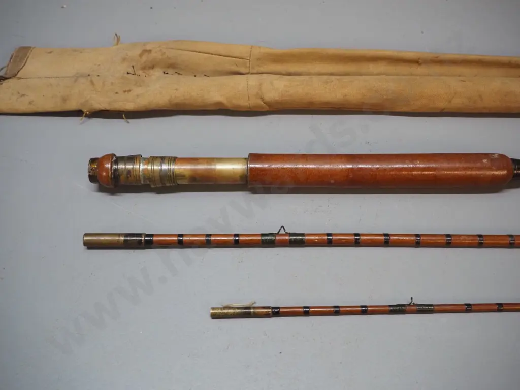 vintage 3-piece timber fly fishing rod with canvas sleeve - brass collar marked made in England Image 1++