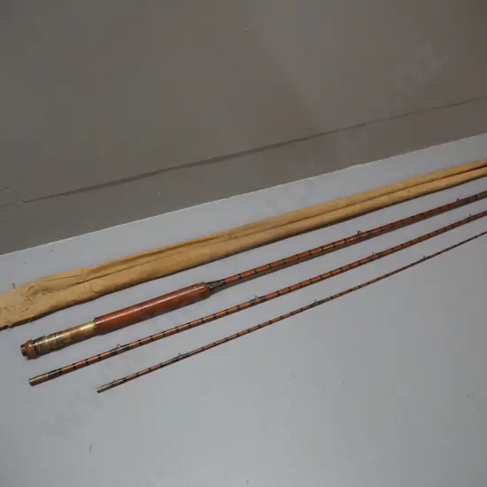 vintage 3-piece timber fly fishing rod with canvas sleeve - brass collar marked made in England