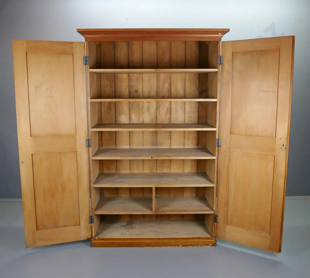 colonial kauri 2-door cupboard with herringbone T&G panels, 6 shelves, cornice top and plinth base, brass escutcheon, Image 1++
